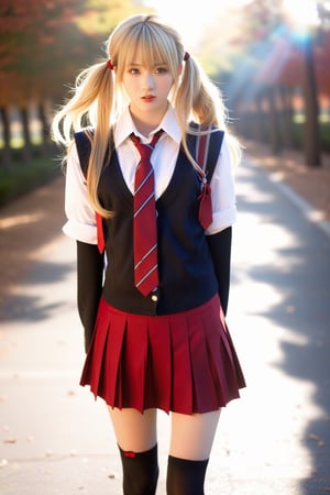 ((masterpiece, best quality)),insaneres,absurdres,solo,outdoors,CLOTHING BibleBlack SchoolDress,1 asian girl,blonde hair,long hair,blue eyes,black vest,red skirt,white shirt,collared shirt,suspenders,school uniform,black thighhighs,zettai ryouiki,necktie,long sleeves,pleated skirt,red necktie,(contrapposto, hand on hip),lens flare,depth of field,bokeh,embers,vanishing point,looking at viewer,slender_waist,wavy hair,