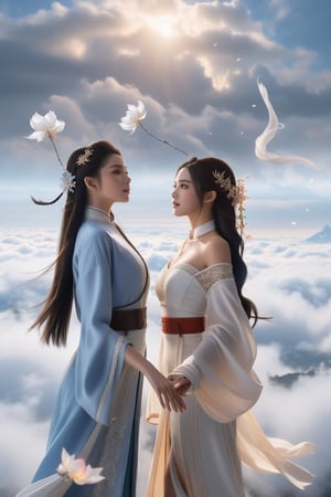 In a photorealistic, cinematic scene, two girls stand in a horizontal line, shoulder-to-shoulder, against a backdrop of sea of clouds. The backlighting accentuates their features, with warm light on their faces and intricate details on their skin. Their bodies are perfectly proportioned, with delicate facial features and long, flowing white hair adorned with a lace choker and a hair flower. They wear Chinese-inspired robes that seem to be floating in mid-air, along with floating petals and a subtle gradient effect. The atmosphere is dramatic and intense, with smoky wisps circling the sky and an epic contrast between the bright colors of their skin and the cool tones of the clouds. One girl's hand reaches out, as if dancing or conducting, amidst a dynamic angle that puts the viewer in the midst of this fantastical world inspired by The World of Ice and Fire.