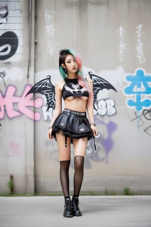 In a gritty urban setting, a 20-year-old Asian girl embodies Fairy Grunge fashion. She stands in front of an Urban Grafitti-covered concrete wall, her tiny micro tutu miniskirt and sleeveless croptop showcasing underboob, as torn black stockings add to the edgy contrast. Floral baseball boots complement the whimsical touch. Pastel multi-colored hair and makeup complete the look. Perforated skirt and goth person flair are juxtaposed with delicate black dragon wings, blending ethereal charm with rebellious spirit.
