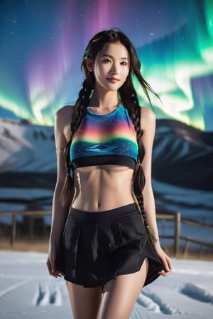 In this stunning RAW photo, a beautiful 18-year-old Asian girl with long black hair and a braided side poses in a dark background, illuminated by the ethereal glow of the Northern Lights and aurora. She wears a revealing tank top and dark midi skirt, showcasing her alluring physique. Her face exudes a playful smile, with closed lips and chubby cheeks. The camera captures her full body in a far shot, with the ancient castle's silhouette visible in the background. Her skin has high detail, with a subtle sheen. A FujiFilm XT 3 camera was used, with an aperture of f/1.7 and focal length of 27 mm. The image is rendered in 8k HD, with a high-quality film grain effect. The subject's body is well-proportioned, without flaws, as she gazes out into the night sky, her gaze focused on something unseen. Her long tank top features dark tight flowers, while China-inspired multi-colored tattoos adorn her entire body.