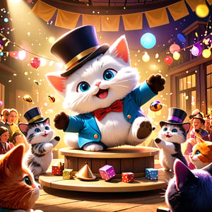 A stunning photo-realistic illustration of a small, cute, furry, white, chubby, big-eyed kitten Hans Darias Ai trying. At a family party, Hans Darias Ai tried to perform a magic trick by placing a huge top hat on the table and pretending to make something come out of the hat. As a result, he accidentally jumped into the hat himself, with only his tail sticking out and wagging. The audience burst into laughter, and this unexpected magic show made Hans the biggest laugh of the party. This amazing artwork is full of bright colors and charming visual effects. It is truly a 32k masterpiece.