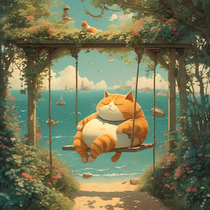 On a sleepy afternoon in a quaint seaside town, a girl and her oversized fat cat enjoy the cool breeze on a swing set overlooking the sea. The fat cat seems to purr in harmony with the rhythmic sounds of the waves. Their peaceful moment is captured in a beautifully detailed 2D and Ghibli style, evoking a sense of calm and companionship.
