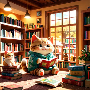 A stunning photorealistic illustration of a chubby kitten named Hans Darias AI, wearing a knitted sweater, sitting in a quiet corner of a bookstore reading. The sun shines in through the bookstore window, illuminating Hans and the bookshelves around him. Hans' expression is focused and serene, as if immersed in the world of books. The background is a warmly decorated bookstore with shelves full of various books. The entire illustration is full of an atmosphere of knowledge and culture, with soft and warm tones.
This stunning artwork is full of bright colors and charming visuals, and is truly a 32k masterpiece.
