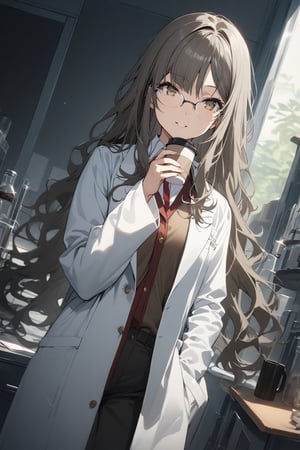 score_9, score_8_up, score_7_up, score_6_up, masterpiece, best quality, accurate anatomy, highres, absurdres, beautiful lighting, natural light,
1girl, rio futaba, long hair, pants, uniform, (full angle, lazy sight, mischievous smile, amaryllis, at laboratory of japanese school, student, lazy hair, glasses, coffee cup, laboratory coat