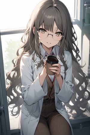 score_9, score_8_up, score_7_up, score_6_up, masterpiece, best quality, accurate anatomy, highres, absurdres, beautiful lighting, natural light,
1girl, rio futaba, long hair, pants, uniform, (full angle, lazy sight, mischievous smile, amaryllis, at laboratory of japanese school, student, lazy hair, glasses, coffee cup, laboratory coat