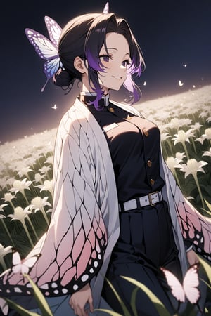 score_9, score_8_up, score_7_up, score_6_up, masterpiece, best quality, highres, absurdres, beautiful lighting, natural light, soft lighting,
1girl, shinobu kochou, animal print, black hair, butterfly, butterfly hair ornament, butterfly print, forehead, gradient hair, hair ornament, haori, multicolored hair, parted bangs, purple hair, short hair, two-tone hair, belt, black pants, butterfly print, coat, demon slayer uniform, haori, japanese clothes, pants, uniform, (full angle, dominant, mischievous smile, field of white flowers, amaryllis, at night, Butterflies fluttering) 