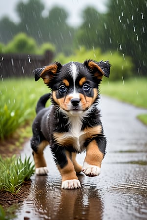 Generate a lively scene of a baby dog eagerly starting to play just before the rain begins. The puppy should be depicted with an excited and alert expression, its tail wagging and ears perked up as it senses the impending raindrops. Show the puppy standing on a patch of grass, perhaps with a ball or toy nearby, ready to engage in a playful activity. Depict the sky darkening with storm clouds and a few raindrops starting to fall, creating a sense of anticipation and excitement in the air. Place the scene in a natural outdoor setting, with trees swaying in the wind and the scent of rain filling the air, adding to the overall ambiance of anticipation and excitement. Ensure that the image captures the puppy's enthusiasm and readiness to play, evoking a sense of energy and anticipation in the viewer.