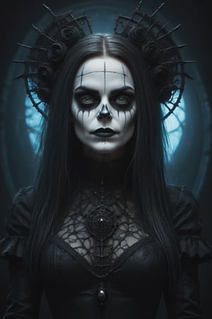 Modern art style on the theme of The Addams Family, in the style of Stefan Gesell, RGB ratio, (((full body))), delicate face, 20-year-old gothic girl, wild hair, dark, creepy, cartoonish, fantasy horror art, dark concept art, in style of dark fantasy art, detailed 4k horror artwork, highly detailed, gradient background, 

DonMn1ghtm4reXL, darkart