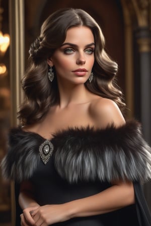 best quality, masterpiece,								
The beautiful Colombian model, her long wavy dark brown hair flowing elegantly, perfectly embodies the intertwining of Art Nouveau's flowing lines with Gothic's enigmatic depth, all while donning a fashionable tight off-the-shoulder black dress. This contemporary piece is artfully paired with a fur trim capelet, adding a touch of opulence. Her look is further elevated by sophisticated fashion accessories, making her the epitome of a glamorous Hollywood star, seamlessly blending historical elegance with modern flair.
ultra realistic illustration,siena natural ratio, by Ai Pic 3D,	16K, (HDR:1.4), high contrast, bokeh:1.2, lens flare,	head to toe,	digital art, ultra hd, realistic, vivid colors, extremely detailed, photography, ultra hd, realistic, vivid colors, highly detailed, UHD, perfect composition, beautiful detailed intricate insanely detailed octane render trending on artstation, 8k artistic photography, photorealistic concept art, soft natural volumetric cinematic perfect light.