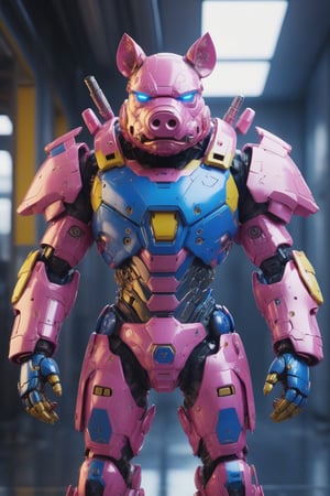 An Angry pink pig  Robot Mecha Soldier, Angry Agile Anthropomorphic Figure, Wearing Futuristic blue and yellow Soldier Armor and Weapons, Reflection Mapping, Realistic Figure, Hyper Detailed, Cinematic Lighting Photography, 32k UHD