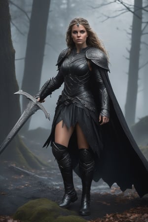 (ultra realistic,best quality),photorealistic,Extremely Realistic, in depth, cinematic light,hubgwomen,hubg_beauty_girl,

A full body photograph with realistic style portrays, Extremely beautiful , well done, a young and powerful Norsewoman-godess, long hair of medium height armed with two formidable daggers in attack position with black damask blades inlaid with onyx gems, a silent and formidable warrior queen, cloaked in the shadows that branch out from her cloak as black as night, equipped for battle with a thick black leather armor embellished with runes of protection and runic spirals. 
One aspect that sets her apart is her special boots made of black leather with greyish runic inlays from which curls of fog pipe , ultra-realistic detail, Ultra detailed, The composition imitates a cinematic movie, The intricate details, sharp focus, perfect body proportion, full body seen from afar, a mystical ancestral land background, ultra realistic, iper realistic image,