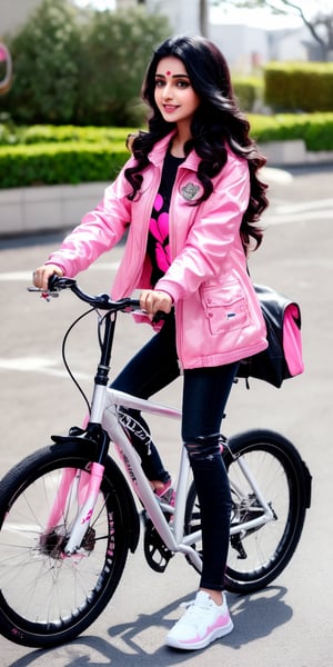 Lovely cute young attractive indian  girl, 35 years old, cute long black_hair,  black  hair,  They are wearing a  pink , patterned Jen's jacket and black jeans, varsity jacket , white shoes. Riding bike 
