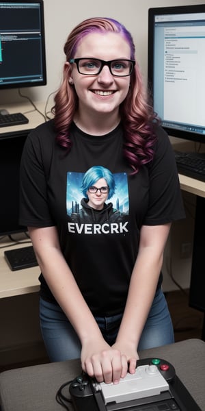 Sarah is a 26-year-old geek who works as a software developer at a technology company. He has short, brightly dyed hair, and wears thick-framed glasses. His clothing style is casual and comfortable, with video game t-shirts, skinny jeans, and sneakers. Sarah is passionate about programming and computing, spending hours in front of her computer developing applications and games. She is also a science fiction fan and enjoys binge-watching movies and TV shows in her free time. She is known in her local geek community for her talent in programming and her enthusiasm for sharing her knowledge with others.