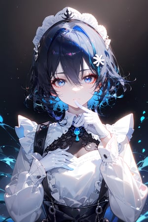  1girl, maid headdress, maid apron, solo, pseudo impasto, best quality, black background, upper body, looking at viewer, closed mouth, black eyes, blue eyes, hair between eyes, red pupils, eyebrows visible through hair, colored inner hair, short hair, blue hair, black hair, two-tone hair, bangs, hand on own chest, black dress, collared dress, white apron, white gloves, long sleeves, sleeves past wrists, hand up