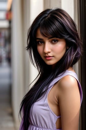 An ultra-realistic portrait photograph of very beautiful 25-year-old like indian girl with (black hair purple highlights:1.2), influencer, clear and (intense brown eyes:1.2), Instagram, (western dress:1.2) 

