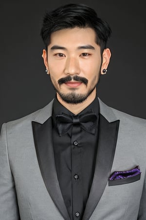 AsianMale,GYX, facial hair, 1boy, solo, male focus, earrings, jewelry, black hair, beard, bowtie, shirt, realistic, black shirt, looking at viewer, bow, mustache, grey background, formal, portrait, collared shirt, jacket, short hair
