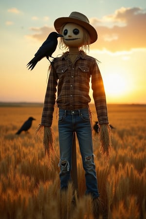 In the heart of a sprawling, golden wheat field, a decrepit scarecrow stands tall, its tattered form a testament to time's ravages. Faded flannel shirt hangs loosely over ripped jeans, held together by frayed threads, while a weathered straw hat tilts precariously atop the scarecrow's head. A burlap sack serves as a face, stitched eyes glinting menacingly beneath a wide, unsettling smile. As the late afternoon sun dips below the horizon, its warm glow casts long shadows across the field, where a few crows silhouette themselves against the sky. Meanwhile, one bold crow perches confidently on the scarecrow's shoulder, as if claiming dominion over this desolate yet strangely captivating landscape.,shadowpuppet