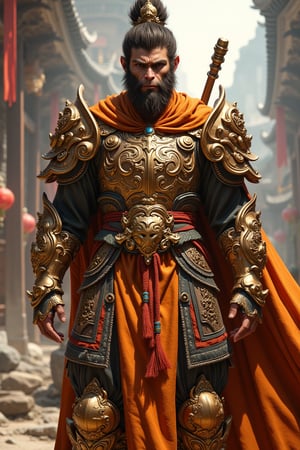 1boy,a man in armor with a beard and a beard,with orange cloak,CNShenhou,weapon in hands,golden magical armor. 