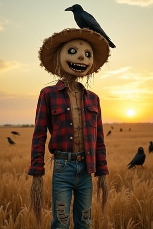 In the heart of a sprawling, golden wheat field, a decrepit scarecrow stands tall, its tattered form a testament to time's ravages. Faded flannel shirt hangs loosely over ripped jeans, held together by frayed threads, while a weathered straw hat tilts precariously atop the scarecrow's head. A burlap sack serves as a face, stitched eyes glinting menacingly beneath a wide, unsettling smile. As the late afternoon sun dips below the horizon, its warm glow casts long shadows across the field, where a few crows silhouette themselves against the sky. Meanwhile, one bold crow perches confidently on the scarecrow's shoulder, as if claiming dominion over this desolate yet strangely captivating landscape.,shadowpuppet