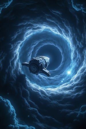 ultrarealistic space battleship entering a twister worm hole,realistc swirlingstars