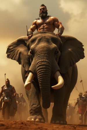 In a sweeping 8K resolution, Hannibal Barca, the legendary Carthaginian general, rides a colossal war elephant across a sun-scorched Roman landscape. His chiseled physique glistens with sweat beneath a rugged beard, and a black eye patch hints at past battles. As he leads his army, the camera pans down to reveal the mighty pachyderm's massive tusks and Hannibal's resolute gaze, fixed on the distant Roman forces.