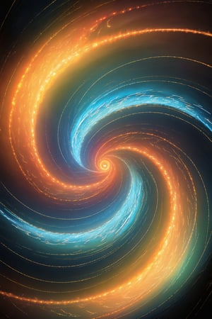 An abstract representation of a vortex where all four elements converge. The vortex is a swirling mass of vibrant colors and fluid patterns, with (air currents:1.3), (lightning:1.3), water streams, flames, and (earthy rocks:1.3) blending together, The scene is filled with glowing, geometric shapes, adding a futuristic, dreamlike, symmetry, , double exposure