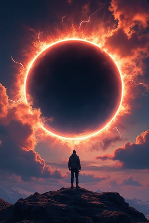 masterpiece, uhd, absurdres, 8K, anime artwork moebius, a man standing in front of a black hole with a sky background, an eclipse, eclipse, dark solar eclipse, solar eclipse, total eclipse, solar eclipse in the sky, blackhole sun, black hole sun, during an eclipse, eternal eclipse, lush and colorful eclipse, blackhole, the magic eclipsing, black hole event horizon, black hole, solar eclipse in iceland