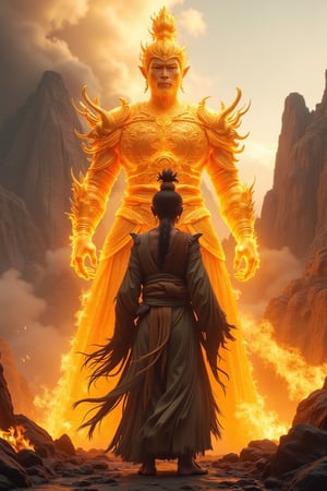 Wukong is dressed in tattered fabric,standing in front of a super large statue of Wukong wearing a golden transparent glowing magical armor. The background is a mountain surrounded by smoke and flames,with a magical style,divine light,Sun Master,low angle shooting,extreme details,perfect picture,masterpiece,high-definition,face-to-face camera,