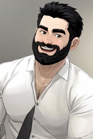 1man, Jiangwen, 1boy, male focus, solo, facial hair, realistic, smile, black hair, grin, formal, beard, simple background, white background, suit, upper body, shirt, real life insert, white shirt, black eyes
