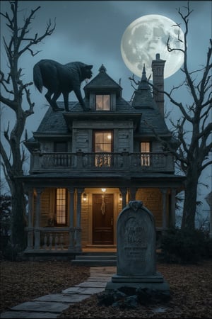 A wolf monster, climb on the top of a  house. The house is shrouded in fog, with broken windows and twisted, gnarled trees surrounding it. a big black cat in the front of the house,next to a big TOMBSTONE with words"Happy Halloween". FULL MOON