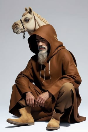 arabman,1boy, male focus, facial hair, beard, brown footwear, hood up, boots, sitting, hood, animal, pants, solo, from side, Camel, black hair, mustache, riding, desert, long sleeves, white background, profile, short hair
