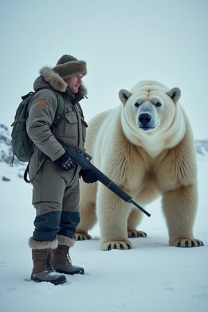 This striking image showcases a dramatic encounter between a human and a polar bear in a wintry, high-latitude setting. The man is outfitted in heavy-duty, cold weather gear including a fur-lined parka, gloves, and insulated boots, indicating the harsh environmental conditions. He stands alongside the massive, imposing figure of the polar bear, which dominates the scene with its towering, muscular presence and piercing gaze. The man's stance is confident and purposeful, with his rifle at the ready, suggesting a degree of preparedness and caution in the face of this powerful, unpredictable wild animal. The polar bear's stance is also alert and attentive, underscoring the delicate balance and potential for conflict in this human-animal interaction. The contrast between the man's technological implements and the bear's raw, natural power creates a sense of tension and uncertainty, inviting the viewer to ponder the complex relationship between humanity and the natural world, especially in remote, unforgiving environments. The moody, monochromatic tones of the scene further heighten the sense of drama and precariousness. Overall, this image presents a visually striking and thought-provoking exploration of the themes of exploration, environmental stewardship, and the fragile co-existence of humans and wildlife in extreme, wilderness settings.