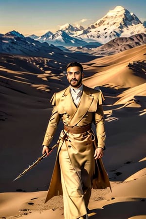 Full-length depiction: A depiction from Renaissance North Africa. A young man with a short dark beard in a desert. He is wearing stately beige and taupe-coloured clothing consisting of trousers, a frock coat, boots, a turban and a golden sash. He has a short scimitar at his hip. Mountains can be seen in the background.