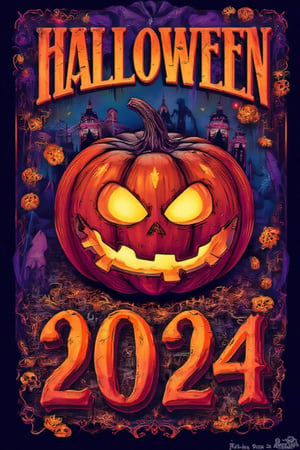 jack o lantern, colorful vibrant crisp neo pop illustration, uhd, hdr,8k, big bold text " HALLOWEEN 2024 "