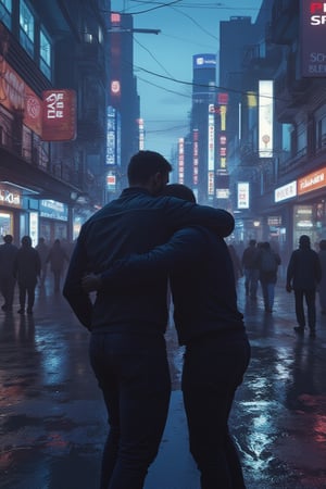 A futuristic cityscape at dusk, with neon lights reflecting off the wet pavement. dynamic shot, multiple boys, 2boys, muscular male, , hugs, JPpartyguy