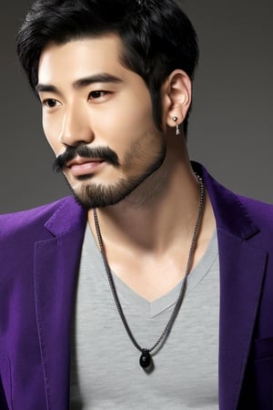 AsianMale,GYX, 1boy, male focus, facial hair, solo, jewelry, realistic, black hair, necklace, beard, shirt, earrings, purple shirt, short hair, jacket, grey jacket, looking to the side, upper body, portrait, black eyes, mustache, mature male
