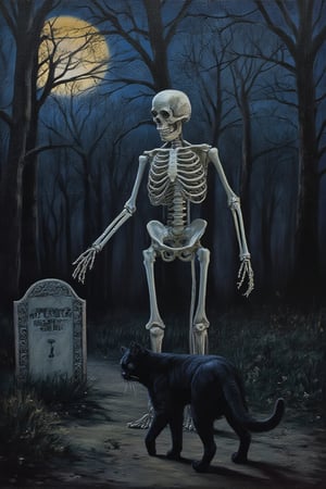 score_9, score_8_up, score_7_up,A haunting full-body portrait of a SKELETON on Halloween night, rendered in oil painting style. He stands amidst a dark forest, a big black cat on the road ,next to a Tombstone with words"Halloween". FULL MOON