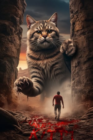 A horror movie cover of Here kitty kitty! written in bloody letters. The ancient megalithic gates have opened, from the fiery realms a megalithic beast lurks ready to burst trough, it is a giant mega cat, it looks playfull but dangerously big, like its about to prawl and crush the tiny antlike human with its paw,