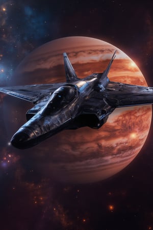 Stealth fighter, above Jupiter, cyberpunk style, realistic, science fiction, high quality, high definition, high resolution, masterpiece, beauty,