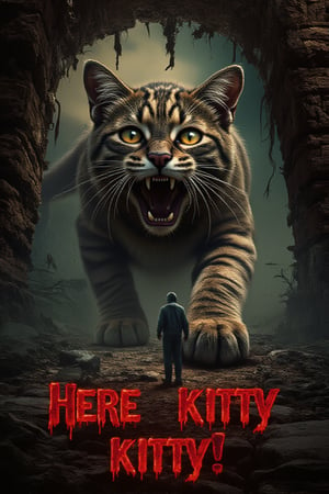 A horror movie cover of Here kitty kitty! written in bloody letters. The ancient megalithic gates have opened, from the fiery realms a megalithic beast lurks ready to burst trough, it is a giant mega cat, it looks playfull but dangerously big, like its about to prawl and crush the tiny antlike human with its paw,