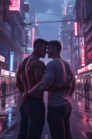 A futuristic cityscape at dusk, with neon lights reflecting off the wet pavement. dynamic shot, multiple boys, 2boys, muscular male, , hugs, JPpartyguy