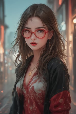 newspaper wall, glasses, parted lips, looking over eyewear,  black jacket, jewelry, long hair, jacket, red shirt, solo, upper body, brown hair, 1girl, necklace, earrings, red sweater, looking at viewer, red-tinted eyewear, sweater, red jacket, red lips ,Crazy face ,glitter,YAMATO,guweiz style