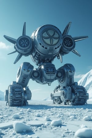 A robotic explorer designed specifically for Neptune’s surface, with a bulky, multi-legged chassis built to anchor itself against the planet’s extreme winds and icy terrain. Its segmented, armored body is made of high-durability alloys, resistant to freezing temperatures and intense atmospheric pressure. The robot has no humanoid features, instead featuring a rotating sensor array and telescopic limbs that extend to probe the icy ground and analyze the methane-laden atmosphere. Its large, reinforced treads allow it to move steadily across the frozen surface, while massive turbine-like fans help it stabilize against the gale-force winds.