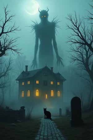 A towering eldritch monster, a spectral figure with elongated limbs and glowing, hollow eyes, emerges from a hauntingly dilapidated house. The house is shrouded in fog, with broken windows and twisted, gnarled trees surrounding it. a big black cat in the front of the house,next to a TOMBSTONE