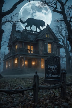 A wolf monster, climb on the top of a  house. The house is shrouded in fog, with broken windows and twisted, gnarled trees surrounding it. a big black cat in the front of the house,next to a big TOMBSTONE with words"Happy Halloween". FULL MOON