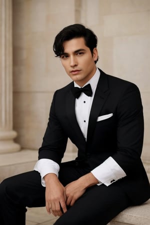 cnface,CNmale,CNHua, 1man, watch, 1boy, wristwatch, male focus, solo, black hair, formal, suit, shirt, looking at viewer, white shirt, pants, bow, facial hair, black jacket, jacket, bowtie, short hair, hand on own chin, black suit, realistic, long sleeves, sitting, black pants
