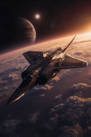 Stealth fighter, above Jupiter, cyberpunk style, realistic, science fiction, high quality, high definition, high resolution, masterpiece, beauty,