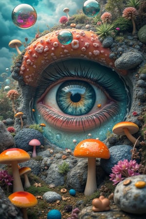 masterpiece, 8k, hdr, best quality, photography, analog style, real life, extremely beautiful, (highly detailed, intricately detailed), (highly detailed skin), (alluring eyes), Artwork depicting an eye in a sea of ​​mushrooms and colorful rocks, An imaginative eye surrounded by a colorful and psychedelic background image featuring an artistic interpretation, with no humans. An eye surrounded by various bubbles, all filled with water with many small and colorful objects, with no humans. An eye in a sea of ​​plants and clouds with the word 'eyes', with no humans.