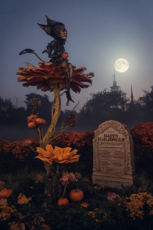 A beautiful young Chinese elf sits atop a massive flower in a tranquil garden at twilight. next to a big TOMBSTONE with words"Happy Halloween". FULL MOON