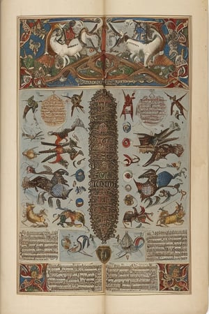 (score_9, score_8_up:1.3), score_7_up,illustrations medieval soldier of the crusades bestiary from the voynich manuscript, Codex Seraphinianus, with writing, aged vintage paper, highly detailed, on parchment,Pencil Draw